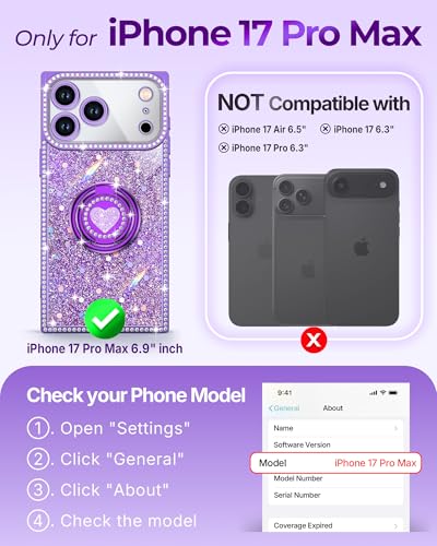 Coque iPhone 17 Pro Max antichoc violette brillante avec housse strass et support - 2