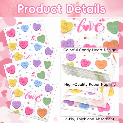 Image of 40 Pack Valentine's Day Paper Napkins - 13 x 13 Inches Colorful Heart Love Message Disposable Serviettes Luncheon Cocktail Napkin Party Supplies for Weddings, Anniversaries, and Romantic Celebrations