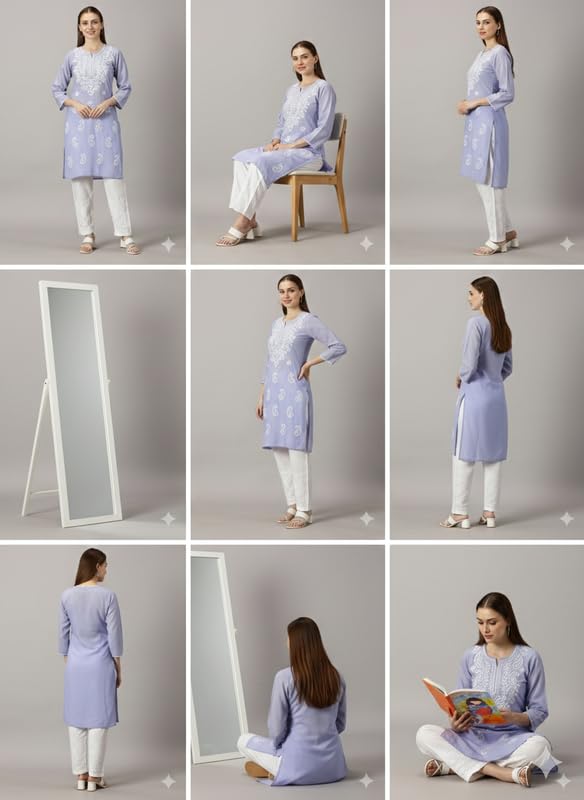 Image of FCH, Fashionable Chikan Handikraft Women's Cotton Lucknowi Chikankari Printed Straight Kurta for Regular Wear Girls Flared Kurta