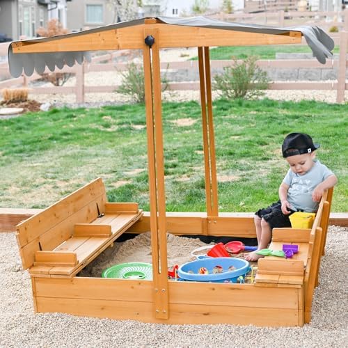 Sandbox with Lid Wooden Kids Sand Box for Backyard with Canopy and Foldable Bench Seats,UV-Resistant,Adjustable Height Roof