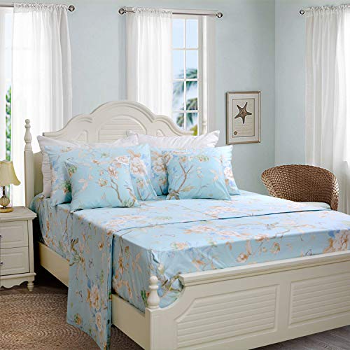 Image of FADFAY Floral Bedding Shabby Blue Bird Print Bed Sheet Set Luxury Bedding Collections 800 Thread Count 100% Egyptian Cotton Deep Pocket, 4 Piece-Twin XL Size