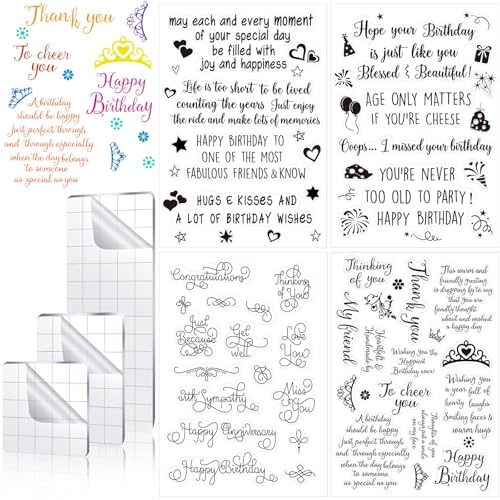 4 Sheets Sentiments Clear Stamps Set with 3 Acrylic Blocks, Birthday Phrases Rubber Stamps for Card Making, Scrapbooking & DIY Craft Projects by SZTTY