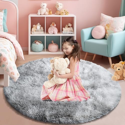 Tie-Dyed Fluffy Round Rug,Soft Area Rugs for Girls Room,Shaggy Rugs 3'X3' for Living Room,Non Slip Circle Rug for Kids Bedroom,Shag Plush Nursery Rug,Plush Carpet for Dorm,Furry Room Decor,Light Grey