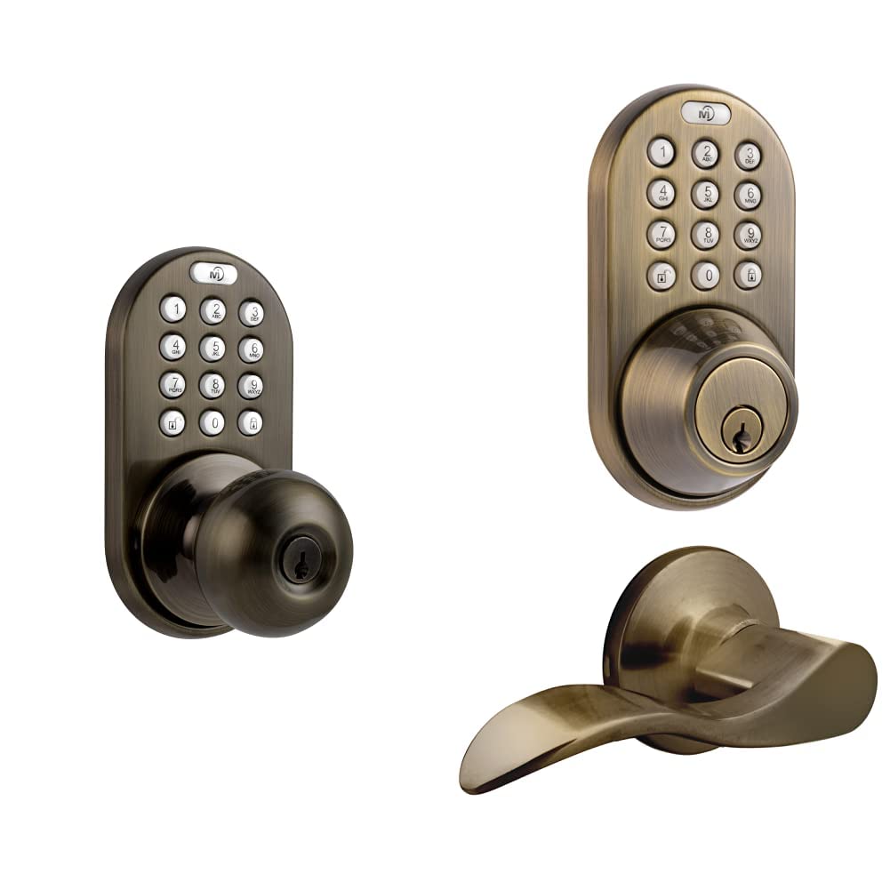MiLocksTKK-02AQ Digital Door Knob Lock with Electronic Keypad for Interior Doors, Antique Brass & DFL-02AQ Electronic Touchpad Entry Keyless Deadbolt and Passage Lever Combo, Antique Brass
