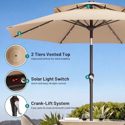 Image of AreShark 9ft 2 Tiers Patio Umbrella with Solar Lights, Outdoor Umbrella w / 32 LED Lights&8 Sturdy Ribs, Table Umbrella for Deck, Backyard, Pool(Beige)