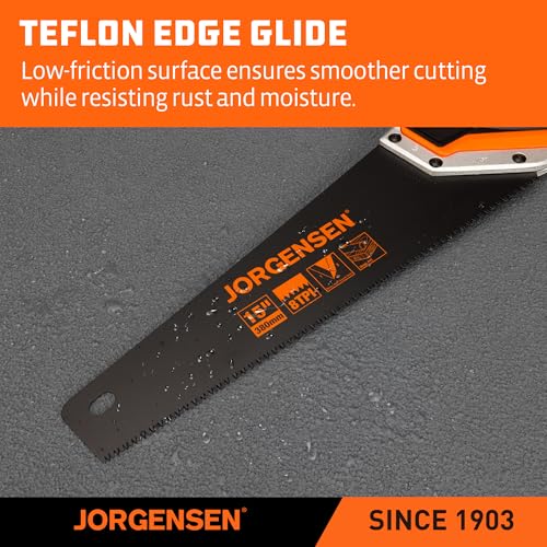 JORGENSEN 15” Hand Saw, Black Coated Coarse Handsaw 8TPI for Wood Cutting, Ergonomic Non-Slip Aluminum Handle for Sawing, Trimming, Gardening, Pruning, PVC thumbnail 4