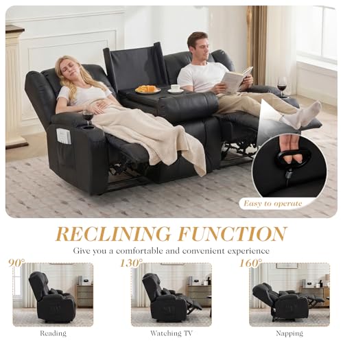 Image of Loveseat Recliner Sofa with Flip Middle Seat,3 Seater Reclining Couch Wall Hugger Recliners for Small Spaces,PU Leather Manual 3 Seater Sofa Recliner with Cup Holders /Lumbar Pillows,RV Furniture,Black