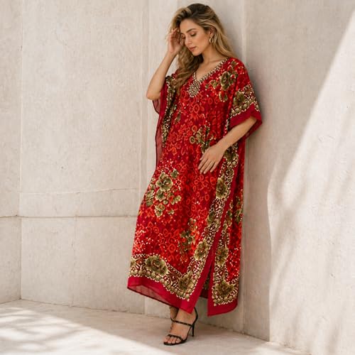 Image of Miss Lavish London Kaftan Dresses for Women,Beach Kaftan Coverups,Hawaiian Coverups for Women,Long Beach & Swimsuit Coverups,Plus Size African Caftan Dress,Moroccan Style Loungewear Red XL