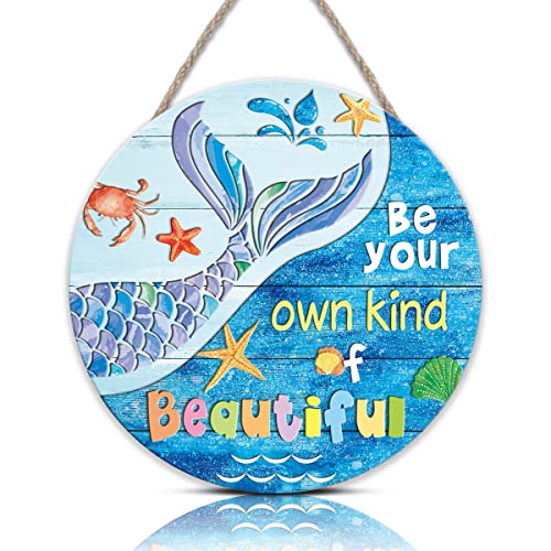 TOARTi Mermaid Wood Sign-30.5x30.5cm,Inspirational Wooden Sign,Be Your Own Kind of Beautiful Wall Art, Mermaid Sign for Girls Room,Summer Door Sign Mermaid Bathroom Decor