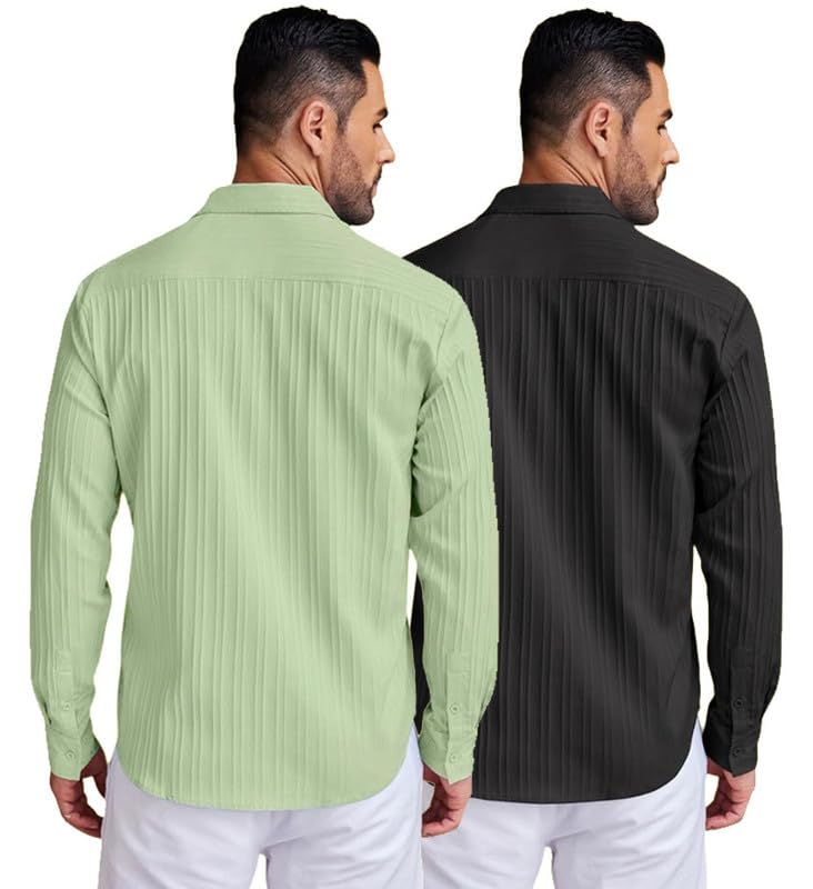 Image of DEELMO Combo of Men's Casual Button Down Shirts Long Sleeve Linen Shirt Fashion Textured Summer Shirts Pack of 2