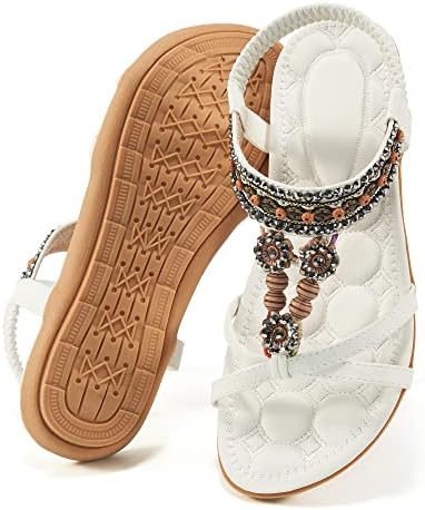 Alicegana Womens Sandals Dressy Summer: Comfortable Bohemian Flats Elastic Ankle Strap Walking Beach Shoes