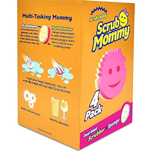 Scrub Daddy Dual Sided Sponge and Scrubber - Scrub Mommy - Scratch Free Sponge for Dishes and Home, Soft in Warm Water, Firm in Cold, Odor Resistant 4 Count