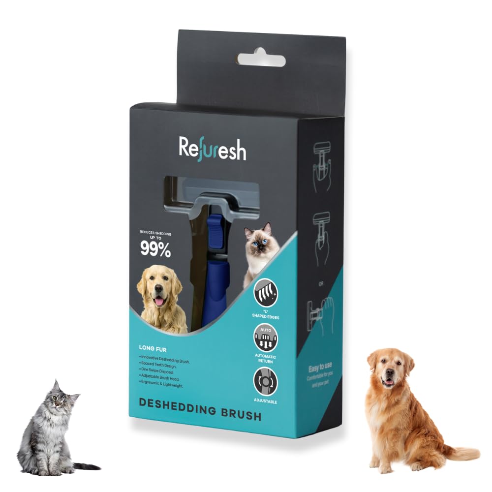 Refuresh Deshedding Dog Brush for Long Hair (Medium,Blue) – Gentle Deshedding tool for Dogs & Cats – Reduces shedding, without damaging topcoat. Removes Loose Fur & Dead Undercoat.