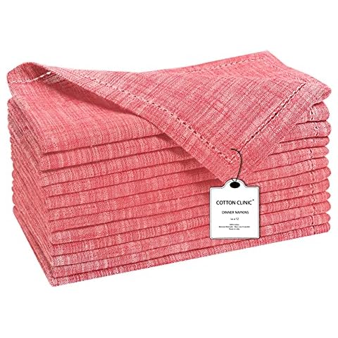 Cotton Clinic Farmhouse Slub Cotton Cloth Napkins Set of 12 Washable Easycare 46x46 cm, Soft and Comfortable Dinner Napkins Cloth for Wedding Party Dinner Table, Tea Party Napkins Red Cover
