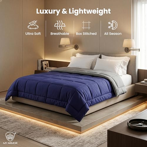 Image of MY ARMOR 220 GSM Reversible Comforter for Double Bed | Microfiber Quilt /Duvet /Blanket for AC & Winter | Soft, Lightweight & Breathable Comforter (90 x 100 Inch, Grey & Navy Blue)