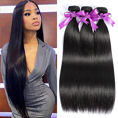 Brazilian Straight Bundles Human Hair 3 Bundles 10A Straight Weave Hair Bundles 100% Unprocessed Virgin Hair Extensions Natural Black (14 16 18)