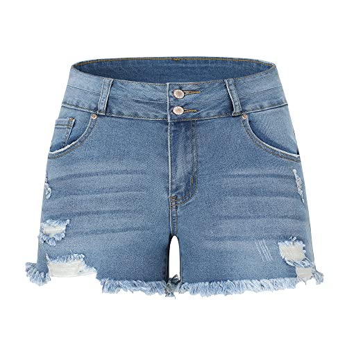 Image of THUNDER STAR Women Mid Rise Ripped Stretchy Jeans Shorts Frayed Raw Hem Casual Denim Shorts