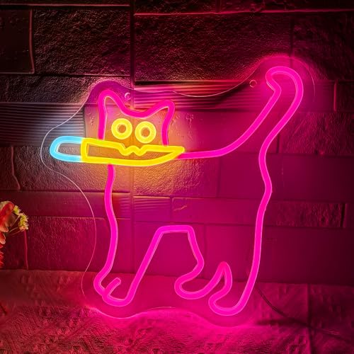 Image of Cautiously Cat Neon Signs, Funny Cat With Knife Neon Light for Wall Decor, Dimmable Animal Sign for Restaurant Kitchen Kid Room Pet Shop Bedroom Home Party Decor (Magenta)