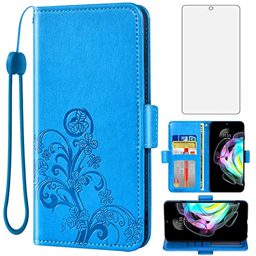 Funda cartera Motorola Moto Edge 20 azul protector pantalla vidrio templado monedero