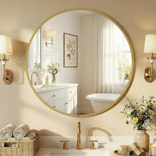 Image of NEWBULIG 24 Inch Round Wall Mirror, Bathroom Mirrors for Over Sink, Matte Metal Framed Circle Vanity Mirror, Wall Decor for Bedroom, Anti-Rust, Tempered Glass, Hanging or Leaning, Classic Gold