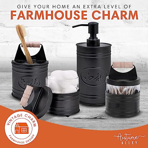 Autumn Alley Rustic Farmhouse Black Bathroom Accessories Set (4 Pcs) - Lotion Soap Dispenser, Toothbrush Holder, 2 Apothecary Jars (Qtip Holder) - Rustic Farmhouse Bathroom Decor #TOP4