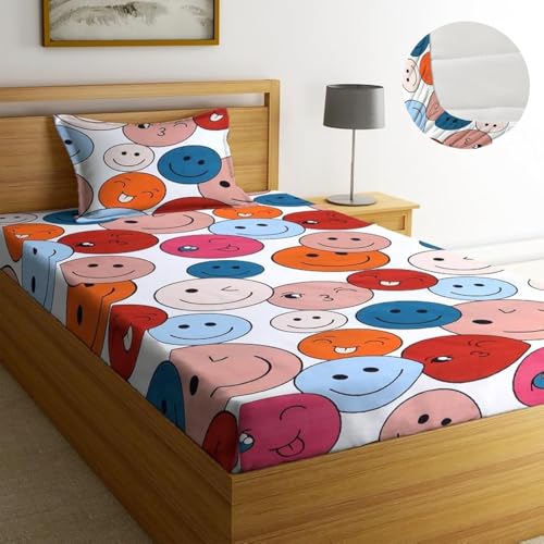 Image of Blue Strip 220TC Glace Cotton Elastic Fitted Floral Bedsheets Single Bed with 1 Pillow Cover | Single Bed with All Around Elastic, Size 42 X 75 Inches (Multi Smiley), Small Single