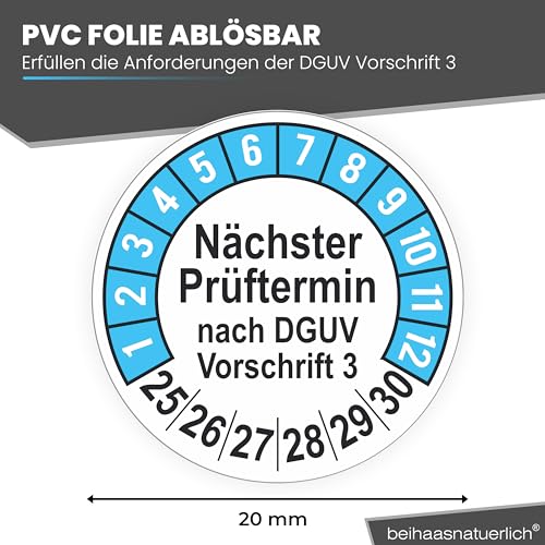 beihaasnatuerlich® 560 Stck Prüfplaketten Nächster Prüftermin, 20 mm Ø, Prüfetiketten nach DGUV V3, 2025-2030, Prüfaufkleber, E-Check Prüfetikett, Plakette für Elektrogeräte (Blau, 5 Bogen)