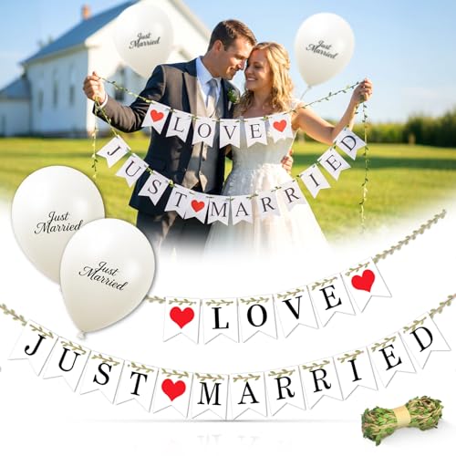 Just Married Car Decorations Kit with Rustic Artificial Greenery Vine Twine - Just Married &LOVE Banners & 2 Balloons - Wedding Getaway Car Decor Bridal Shower & Photo Props (White)