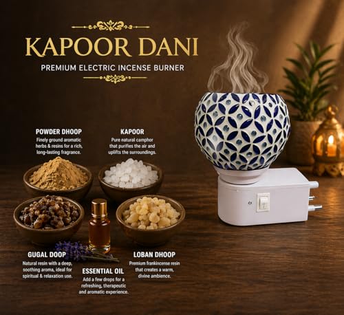 Image of Electric Kapoor Dani with Auto Cut Off | Ceramic Electic Camphor Burner | Multipurpose Incense Aroma Dhoop Dani | Camphor Burner Diffuser | Electrical Night Lamp for Home, Office