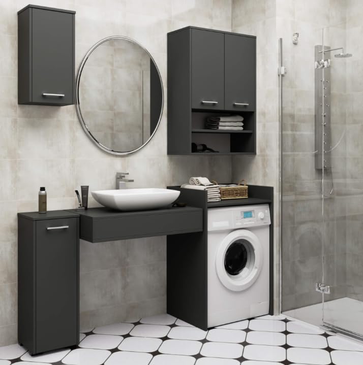 BDW Waschmaschinenschrank 97,5x64x50 cm, für Waschmaschine & Wäschetrockner, Badezimmerschrank Hoch, Badezimmer Möbel, Bad Schrank Badezimmerschrank (Graphit)