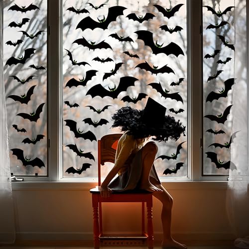 6 Sheets Halloween Window Clings Large Scary Bats Silhouette Window Decals Black Bats with Glow Eyes Windows Stickers Double Sided Windows Decoration for Home School Office Glass Halloween Party Decor - Image 7