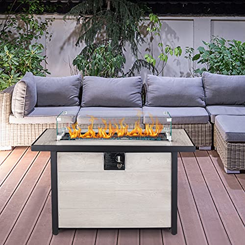 AVAWING-Propane-Fire-Pit-Table-42-inch-50000-BTU-Rectangular-Gas-Fire-Pit-wGlass-Wind-Guard-Table-Lid-Fire-Glass-Waterproof-Cover-Outdoor-Gas-Fire-Pit-for-Garden-Patio-Backyard-Beige