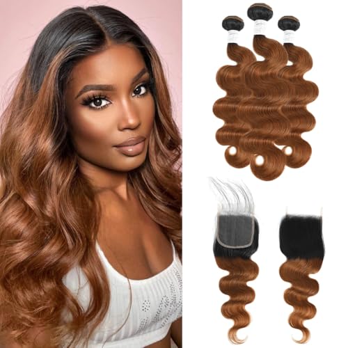T1B/30 Ombre Honey Brown Bundles Human Hair with 4x4 Closure Body Wave...