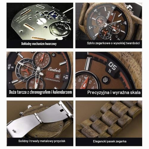 Emibele Męski drewniany zegarek, stylowy chronograf, chronograf, wojskowy kwarcowy zegarek na rękę, 3 sub-tarcze, ręcznie robiony, na co dzień, lekki, świecący zegarek, prezent dla mężczyzn, rodziny,