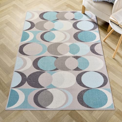 Fusion - Duck Egg Blue Retro Rug (180x120cm) - Low Pile, Hypoallergenic, Machine Washable, Non-Slip Base - Geometric Shapes for Living Room & Bedroom Decor