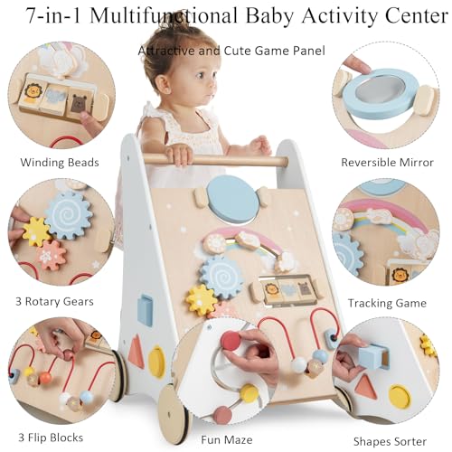 Chariot de marche bebe en bois multi-activite avec blocs de construction