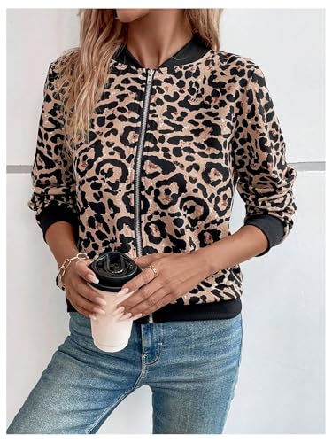 SweatyRocks Women's Leopard Print Jacket Zip Up Long Sleeve Bomber Jackets Outwear4