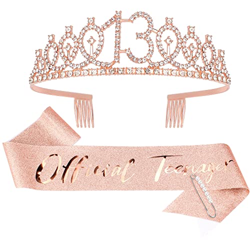 CIEHER 13th Birthday Crown for Girls&Official Teenager Birthday Sash&Pearl Pin Set,13 Birthday Tiara,Birthday Gifts for Teen Girls,13th Birthday Decorations for Girls,Teen Girl Gifts,Rose Gold Crown and Sash
