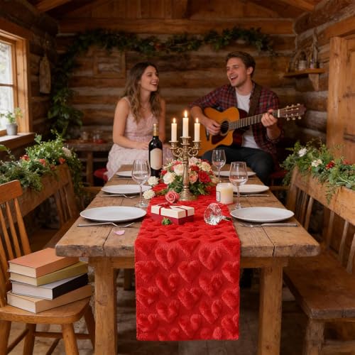 Chemin de table Saint-Valentin cœur rouge en tissu pour déco chic