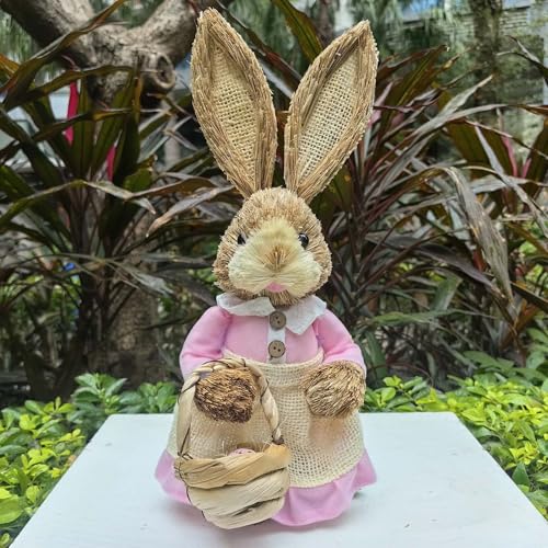 Sbyhbhyds Easter Woven Bunny Figurine Decorations 35cm,Straw Standing Rabbit for Table Home Spring Indoor Outdoor Farmhouse Garden Decor,Handmade Craft Holding Carrot Flower Egg Artificial Statues