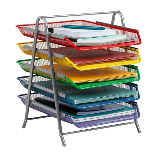 Mind Reader 5-Tier Paper Tray Organizer with Multicolor Trays, Classroom File Organizer for...