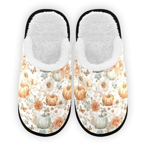 Retro Pink Flowered Pumpkin Slippers For Women Men Soft Memory Foam Non-Slip Hallowmas Winter Indoor House Shoes Travel Slipper