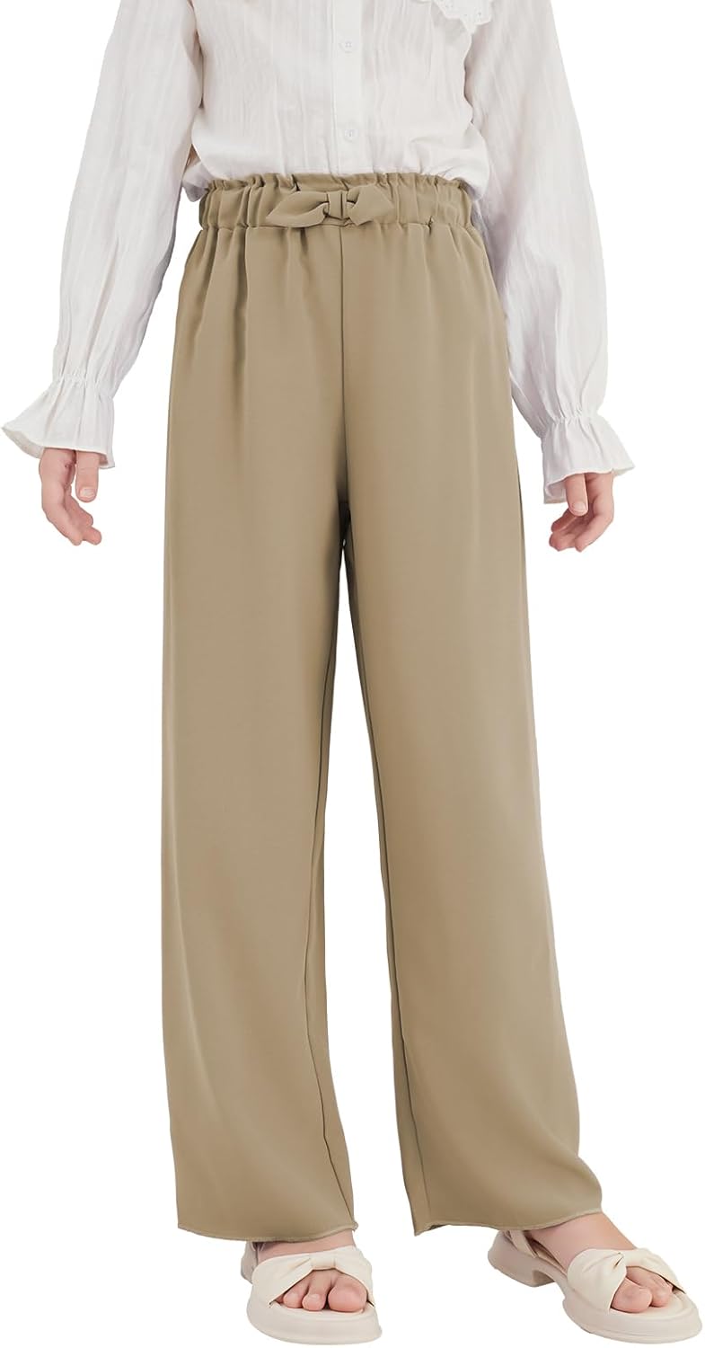 Girls Wide Leg Palazzo Pant Loose Straight Cute Bow Waist Spring Summer Lightweight Dress Pant for Kids 5-14Y