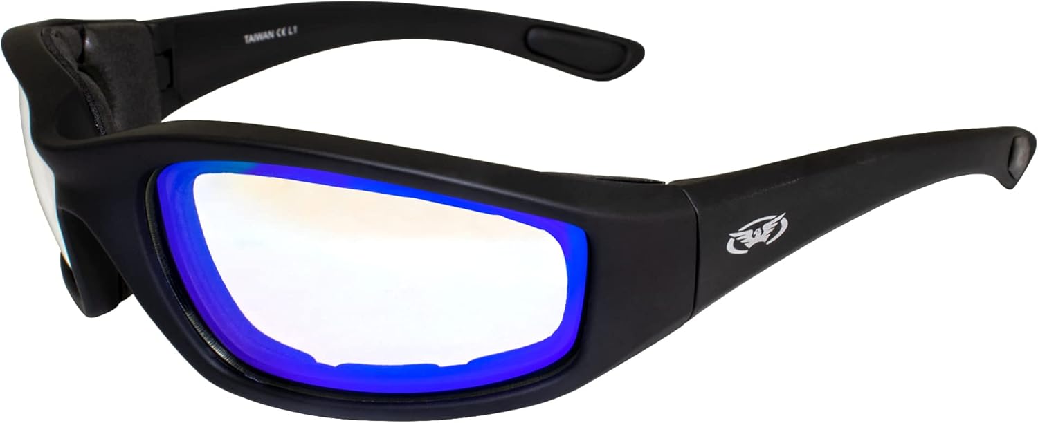 Global Vision Kickback 24-Hour Auto-Darkening Transitional Photochromic Blue Mirror Lens Black Padded Frame Safety Sunglasses