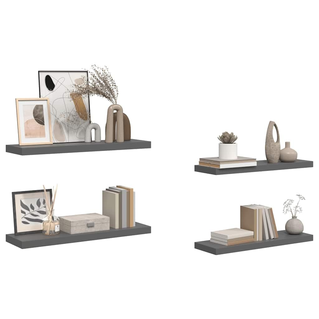 Juego de 4 estantes flotantes, color gris brillante, 80 x 23,5 x 3,8 cm, de madera de densidad media con sistema de soporte invisible, moderno estante de pared para salón y pasillo, capacidad