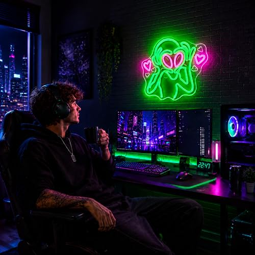 Image of Neon Sign, Alien Neon Signs for Wall Decor - Dimmable LED Signs for Bedroom, Gaming Room, Living Room, Party, Bar, Home Decor - USB Powered Light Up Sign Decorations Game Gift
