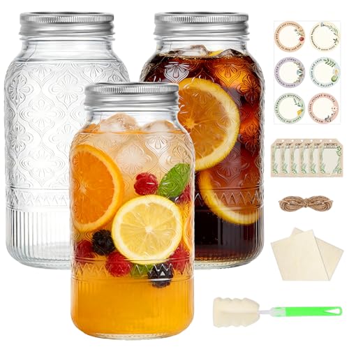 64oz Glass Mason Jars Wide Mouth 3-Pack with Airtight & Leakproof Lids