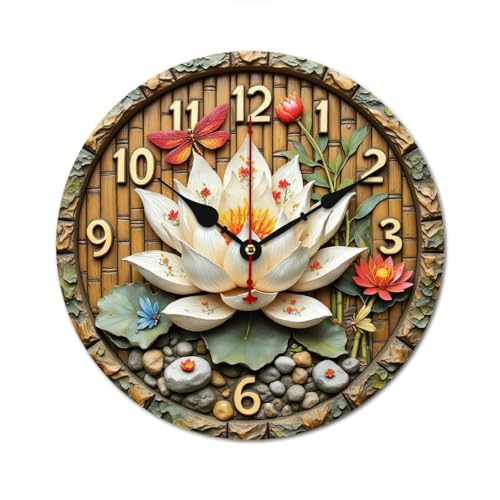 蓮の花とトンボ時計竹の背景 掛け時計 北欧 壁掛 木製 10in/12in 軽量 部屋飾り 人気 ギフト静音 非電波 読みやすい リビングルーム 寝室 オフィス 30*30cm