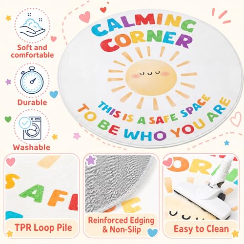 Maasechs 4 ft Round Calming Corner Classroom Rug, Sunshine Boho Area Carpet Corner Items Rug Educational Soft Floor Mat for Nursery Homeschool Playroom Elementary Back to School — view 3