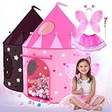Playz Princess Castle Pop Up Tent & Dress Up Set – Kids Pink Playhouse Tent for Girls with Glow in The Dark Stars, Foldable Indoor Outdoor Toddler or Baby Girl Tent with Carrying Case